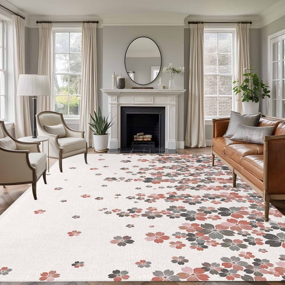 Spring Floral Washable Living Room Rugs 5'x8', Japanese Watercolor Cherry Blossom Romantic Flowers Low Pile Throw Large Area Rug Non-Slip Sturdy Edge Binding Carpet for Living Room Kitchen Office