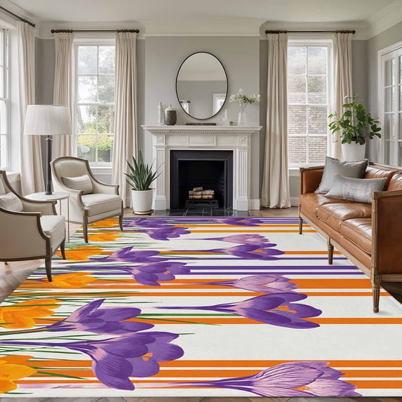 Spring Floral Washable Living Room Rugs 8'x10', Purple Yellow Gradient Flowers Colorful Stripe Low Pile Throw Large Area Rug Non-Slip Sturdy Edge Binding Carpet for Bedroom Dining Room Office