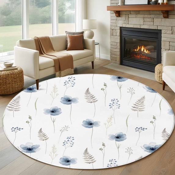 Spring Floral Washable Round Area Rug 5 ft, Fantasy Watercolor Blue Flowers Rustic Leaf Farmhouse, Soft Non Slip Rugs Stain Repellent Indoor Felt Carpet for Living Dining Room Bedroom Home Office