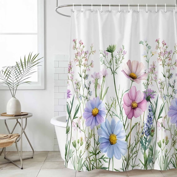 Spring Floral Waterproof Fabric Shower Curtain,Watercolor Herbs Summer Botanical Waterproof Fabric Shower Curtain for Bathroom Curtains Bathtubs Hotel Shower Curtains with 12 Hooks Stall 54x78in