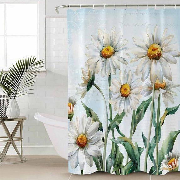 Spring Floral Waterproof Fabric Shower Curtain, Watercolor Summer Botanical White Daisy Shower Curtain for Bathroom Curtains Bathtubs Hotel Washable Shower Curtains with 12 Hooks Long 72x78in