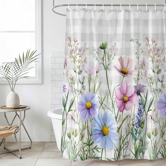 Spring Floral Waterproof Fabric Shower Curtain,Wildflowers Herbs Summer Botanical Plaid Waterproof Fabric Shower Curtain for Bathroom Curtains Bathtubs Shower Curtains with 12 Hooks Extra Long 72x96