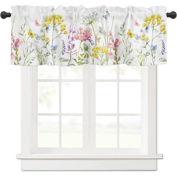 Spring Floral Wildflowers Curtains Valances for Kitchen Windows,Summer Flower Botanical Short Curtains & Drapes Rod Pocket,Butterfly Curtain Valance for Living Room Curtain Over Sink 54x18in,1Panel