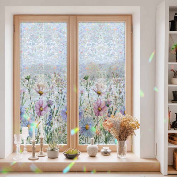 Spring Floral Wildflowers Herb Window Privacy Film,Decorative Windows Static Cling Garden Plant on White Heat Control Removable Glass Sticker for Home Bathroom Bedroom Window Door,23.6x59in
