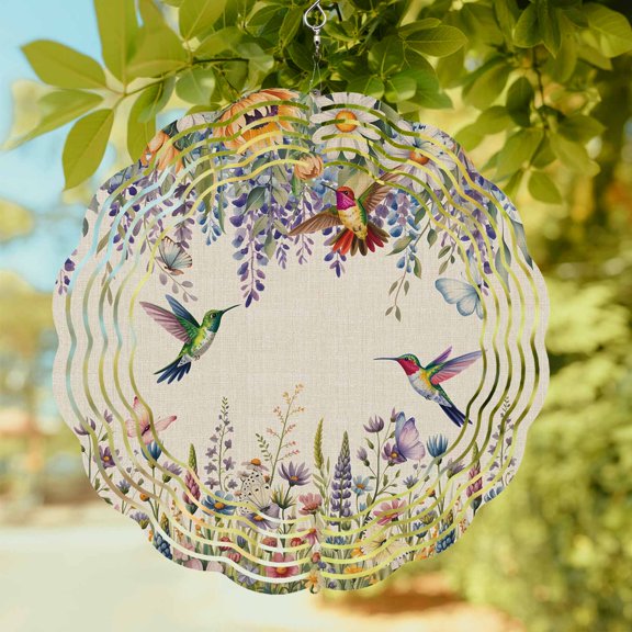 Spring Floral Wind Spinner for Garden Yard 12In, Watercolor Purple Yellow Floral Leaf Birds Linen Texture 3D Stainless Steel Kinetic Hanging Wind Spinners Rustproof Outdoor Decor for Lawn Patio