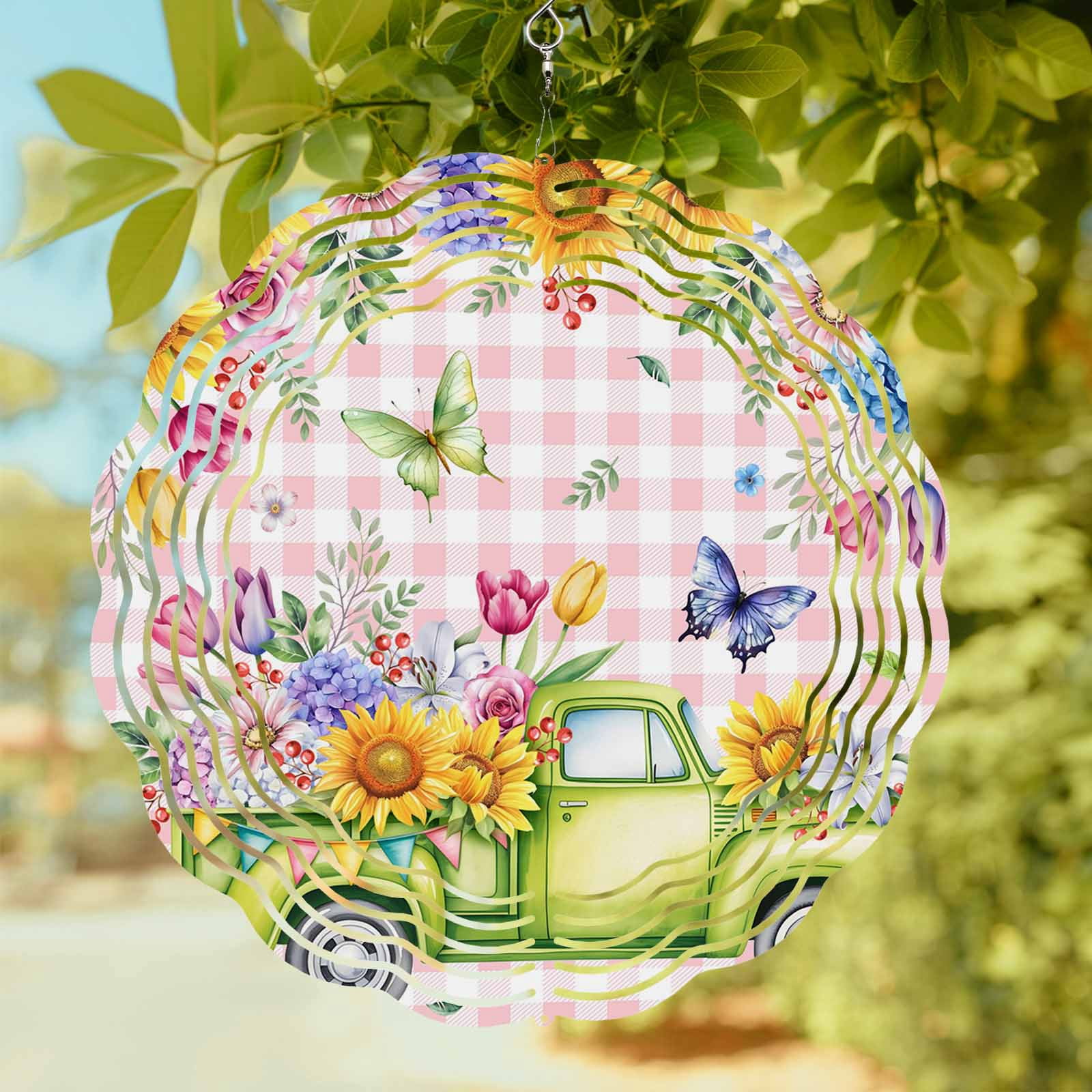 Spring Floral Wind Spinner for Garden Yard 8In, Green Truck Watercolor ...