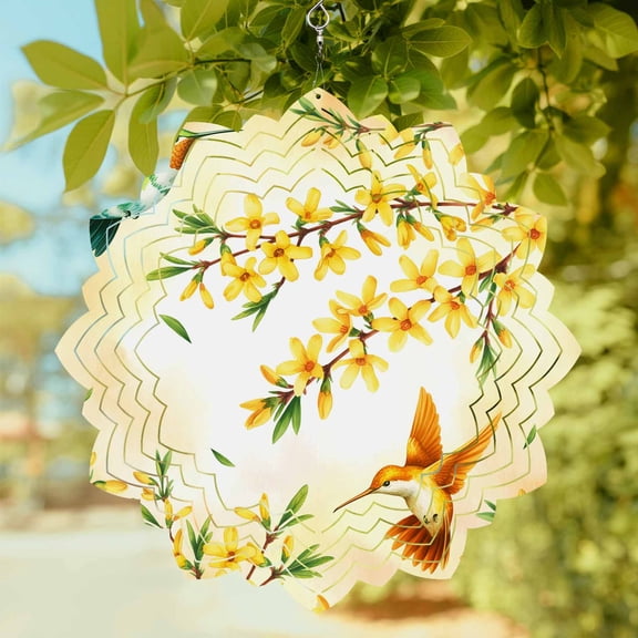 Spring Floral Wind Spinner for Garden Yard 8In, Spring Green Yellow Floral Leaf Birds Gradient Yellow 3D Stainless Steel Kinetic Hanging Wind Spinners Rustproof Outdoor Decor for Lawn Patio