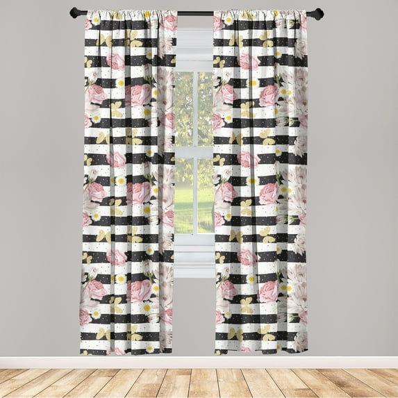 Spring Floral Window Curtains, Modern Flowers Boho Butterfly Pattern on Striped and Dotted Back, Lightweight Decor 2-Panel Set with Rod Pocket, Pair of - 28"x84", Pale Pink Pale Mustard, by Ambesonne