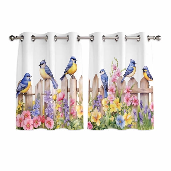 Spring Floral Window Curtains Panels with Silver Grommet, Summer Birds Botanical Fence Kitchen Cafe Curtain Draperies Window Treatment Set for Living Room/Bedroom/Laundry Room/Bathroom/Cafe, 84x45