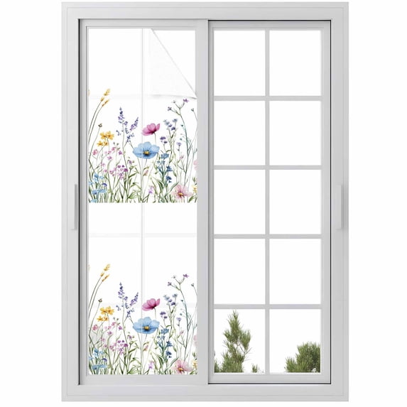 Spring Floral Window Privacy Film, Colorful Botanical Wildflower Summer Static Cling UV Sun Blocking Heat Control Window Tint Day and Night, Non-Adhesive One Way Windows Privacy Cover 17.7''x78.7''