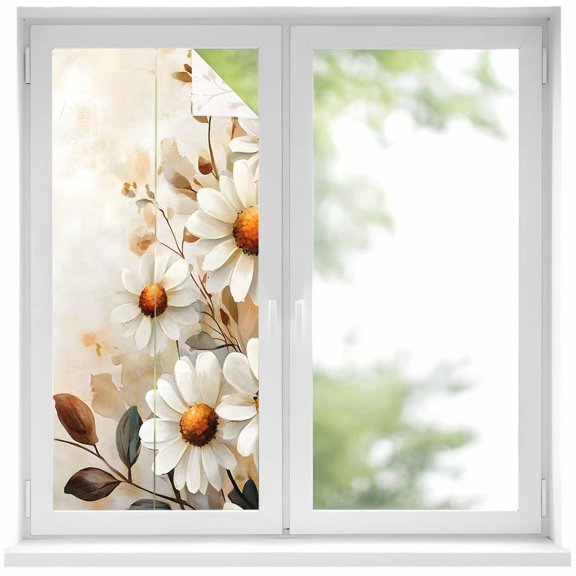 Spring Floral Window Privacy Film, Daisy Summer Botanical Vintage Flowers Static Cling UV Sun Blocking Heat Control Window Tint Day and Night, Non-Adhesive One Way Windows Privacy Cover 19.6''x39.3''
