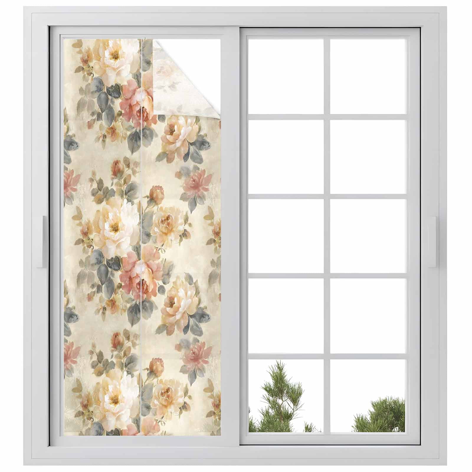 Spring Floral Window Privacy Film, Oil Painting Flower Pink White Peony Retro Romantic Frosted Glass Window Clings Static Cling UV Heat Blocking Reusable Door Sticker for Bathroom 23.6 x 59 Inch