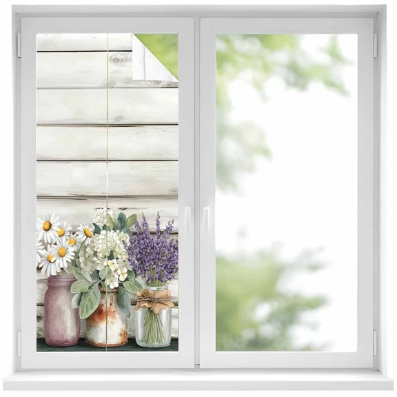 Spring Floral Window Privacy Film, Pastoral Bottle Daisy Lavender Gray Wooden Static Cling UV Sun Blocking Heat Control Window Tint Day and Night, Non-Adhesive One Way Privacy Cover 19.6''x39.3''