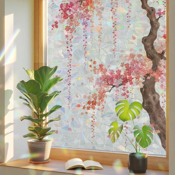 Spring Floral Window Privacy Film Rainbow Static Cling Stain Glass Window Film for Glass Door, Decorative Sunroof Decal Sticker for Car 17.7"x39.3" Pink Weeping Cherry Blossom Branches Beige