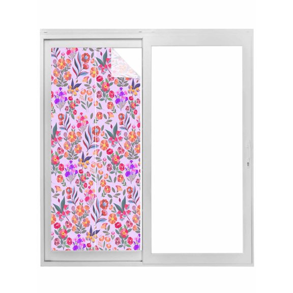 Spring Floral Window Privacy Film, Retro Watercolor Flowers Leaves Plants Purple Static Cling UV Sun Blocking Tint Film Heat Control Windows Films for Bedroom Bathroom, Window Stickers 23.6"x59"