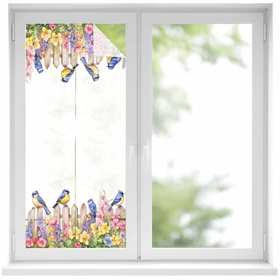 Spring Floral Window Privacy Film, Summer Birds Botanical Fence Static Cling UV Sun Blocking Heat Control Window Tint Day and Night, Non-Adhesive Reusable One Way Windows Privacy Cover 17.7''x39.3''