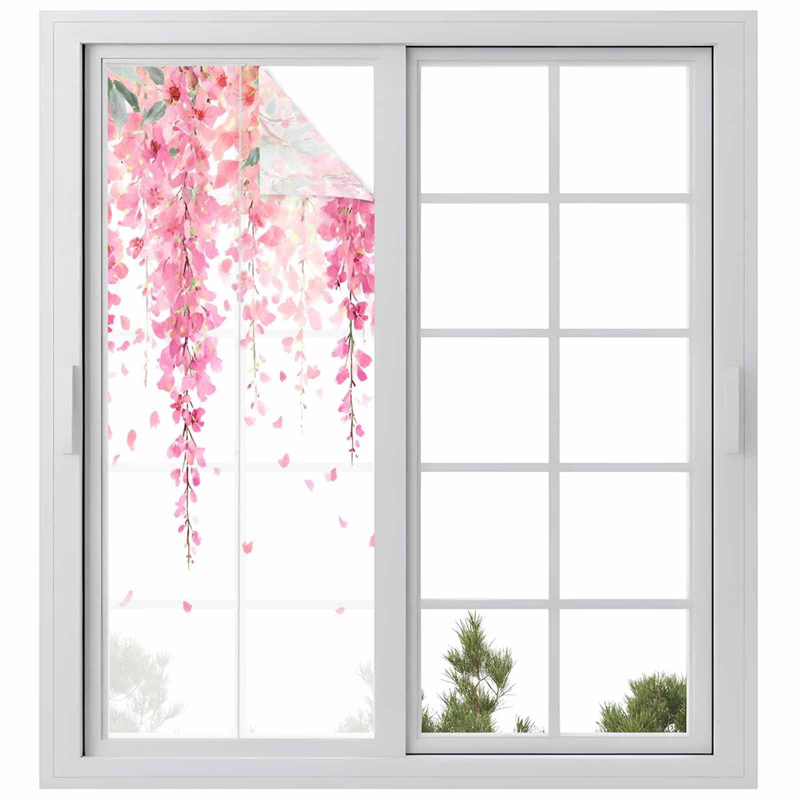 Spring Floral Window Privacy Film, Watercolor Pink Flowers Modern Rustic Farmhouse Frosted Glass Window Clings Static Cling UV Heat Blocking Reusable Door Sticker for Bathroom 23.6 x 59 Inch