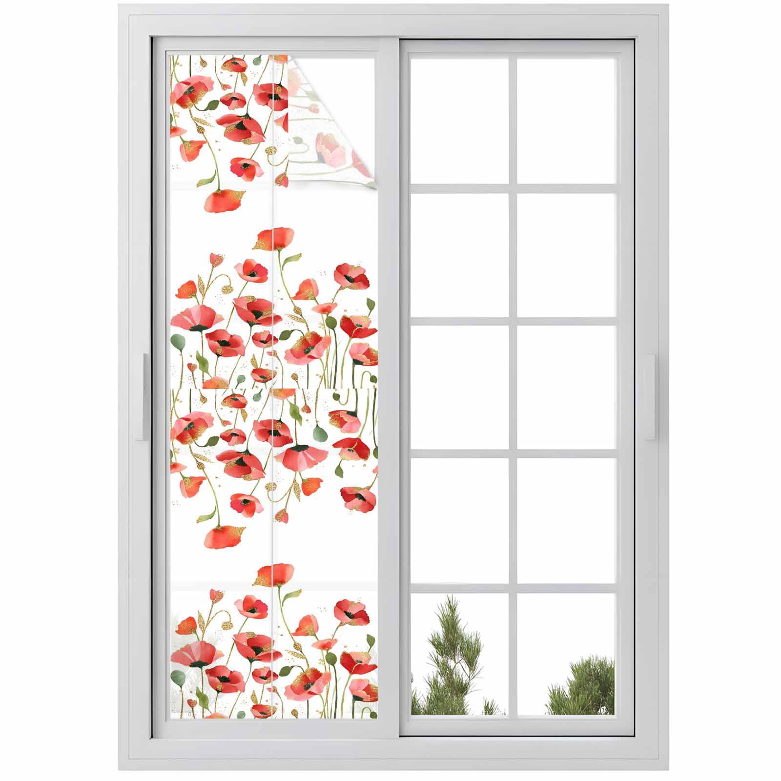 Spring Floral Window Privacy Film, Watercolor Red Wildflower Rustic Farmhouse Frosted Glass Window Clings Static Cling UV Heat Blocking Reusable Door Sticker for Bathroom 29.5 x 118 Inch