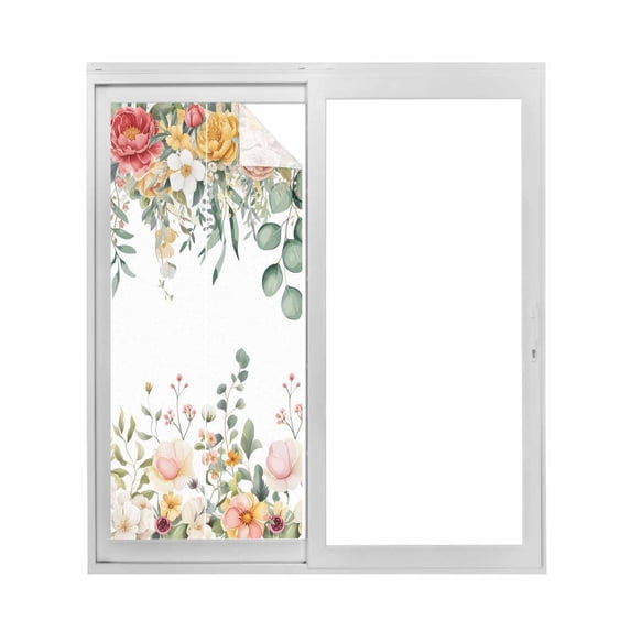 Spring Floral Window Privacy Film, Watercolor Roses Eucalyptus Leaves Botanical Static Cling UV Sun Blocking Tint Film Heat Control Windows Films for Bedroom Bathroom, Window Stickers 35.4"x78.7"