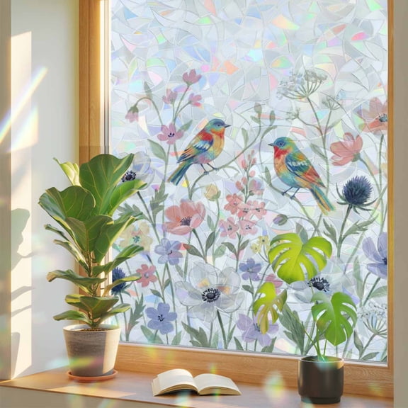Spring Floral Window Privacy Film, Watercolors Wildflowers Leaf Field Bird Country Stained Glass Rainbow Film Decorative Window Clings, Static Cling Sun Blocking Stickers 17.7" x 39.3"