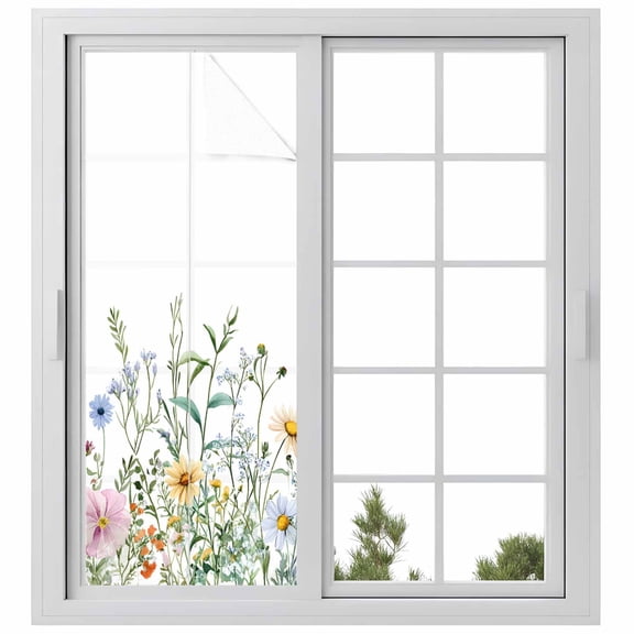 Spring Floral Window Privacy Film, Wildflowers Herbs Summer Botanical Static Cling UV Sun Blocking Heat Control Window Tint Day and Night, Non-Adhesive One Way Windows Privacy Cover 23.6''x59''