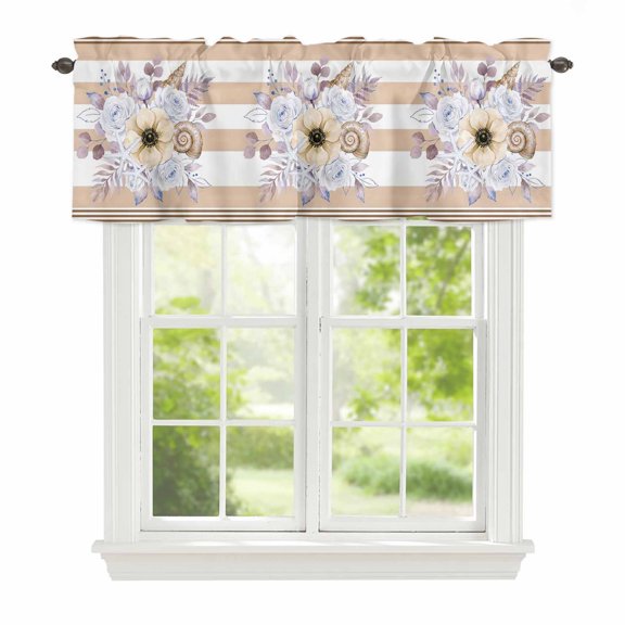 Spring Floral Window Valance Curtain Country Botanical Shells Sandy White Stripes Rod Pocket Valance for Windows Short Curtain for Living Room, Bedroom & Kitchen Window Decor 54x18in