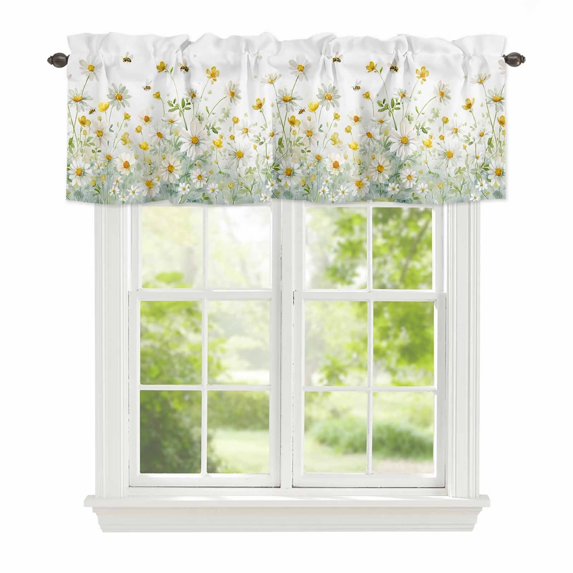 Spring Floral Window Valance for Kitchen, Watercolor Bee White Yellow Wildflower Rustic Farmhouse Rod Pocket Short Curtain for Small Windows, Light Filtering Decorative Valance, 54 x 18 Inch, 1 Panel