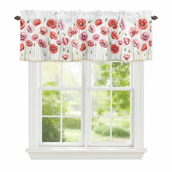 Spring Floral Window Valance for Kitchen, Watercolor Red Pink Wildflower Rustic Farmhouse Rod Pocket Short Curtain for Small Windows, Light Filtering Decorative Valance, 60 x 18 Inch, 1 Panel
