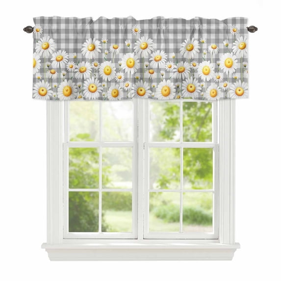 Spring Floral Window Valance for Kitchen, Watercolor White Flowers Gray White Plaid Rod Pocket Short Curtain for Small Windows, Light Filtering Decorative Valance, 42 x 18 Inch, 1 Panel