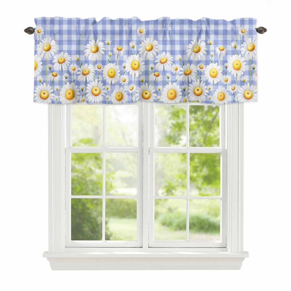 Spring Floral Window Valance for Kitchen, Watercolor White Flowers Rustic Blue White Plaid Rod Pocket Short Curtain for Small Windows, Light Filtering Decorative Valance, 42 x 18 Inch, 1 Panel
