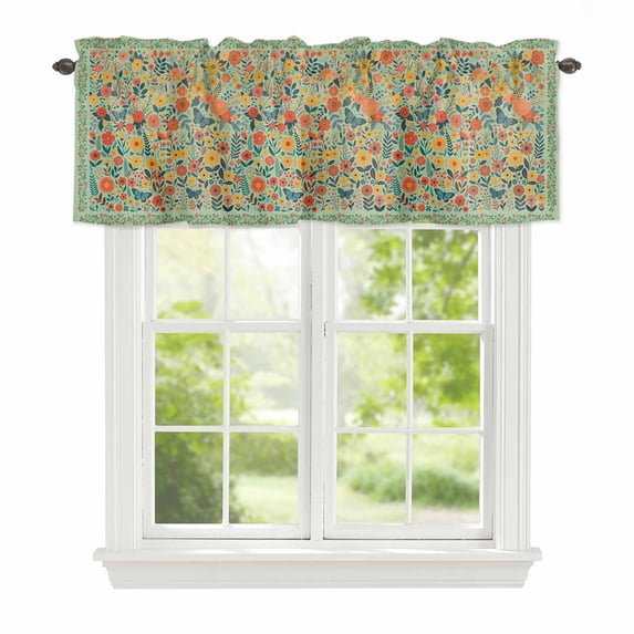 Spring Floral Window Valance for Kitchen, Yellow Orange Flower Daisy Leaf Vintage Plant Green Rod Pocket Short Curtain for Small Windows, Light Filtering Decorative Valance, 54 x 18 Inch