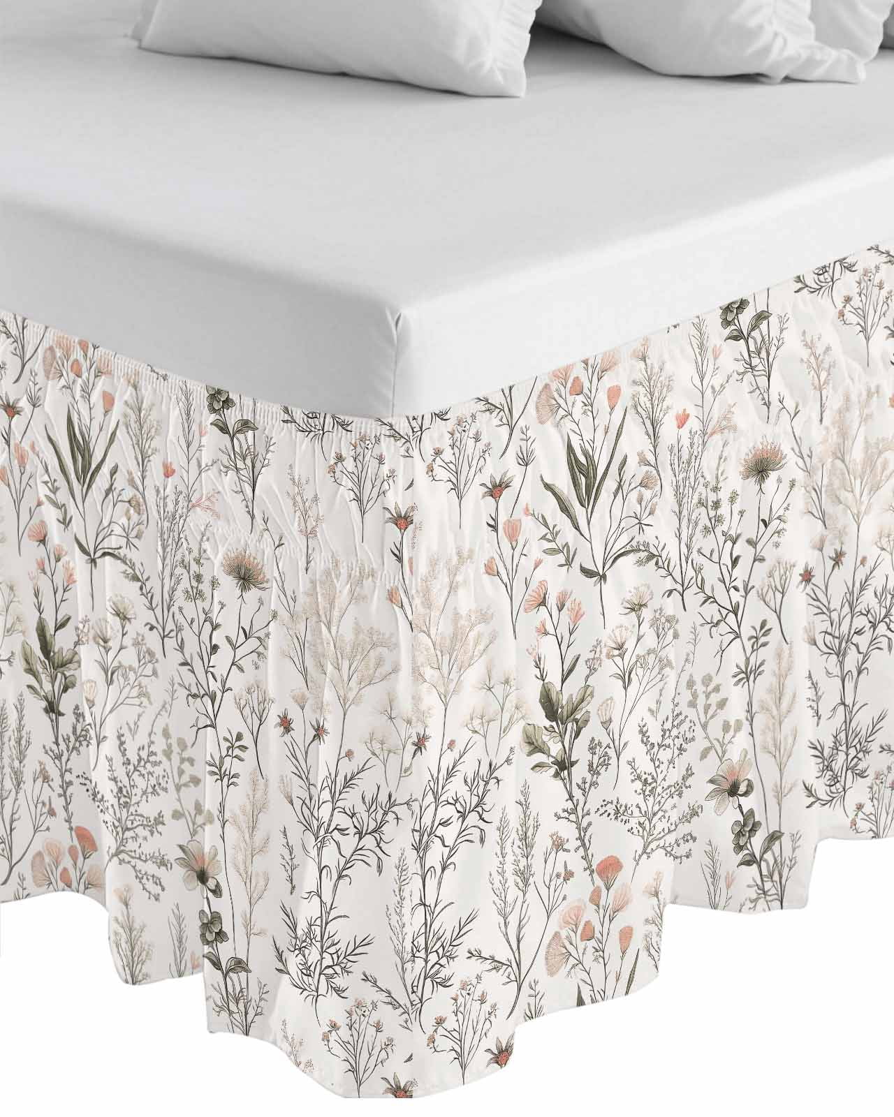 Spring Floral Wrap Around Bed Skirts for California King Bed 16" Drop,Bed Skirt with Adjustable Elastic Belt Dust Ruffle Bed Valance for Bedroom Vintage Botanical Watercolor Elegant Bed Frame Cover