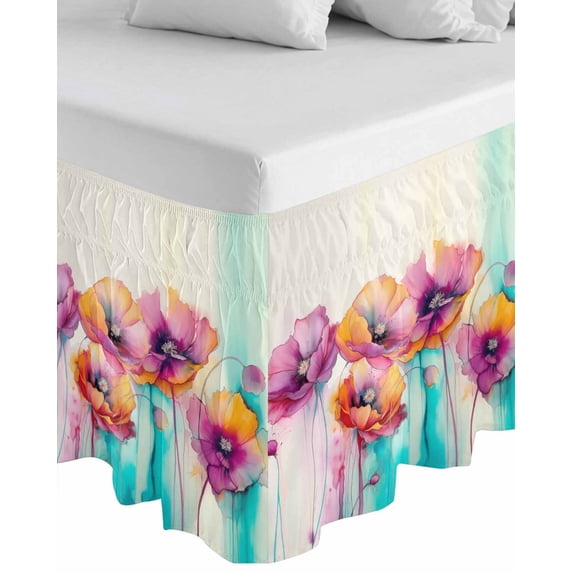 Spring Floral Wrap Around Bed Skirts for California King Bed 16" Drop,Bed Skirt with Adjustable Elastic Belt Dust Ruffle Bed Valance for Bedroom Watercolor Summer Botanical Colorful Bed Frame Cover