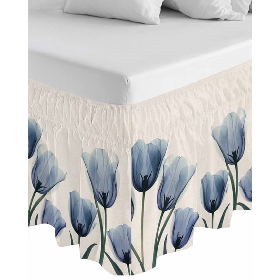 Spring Floral Wrap Around Bed Skirts for King Bed 18" Drop, Bed Skirt with Adjustable Elastic Belt Dust Ruffle Bed Valance for Bedroom Hotel Luxury Blue Tulip Summer Botanical Rustic Bed Frame Cover