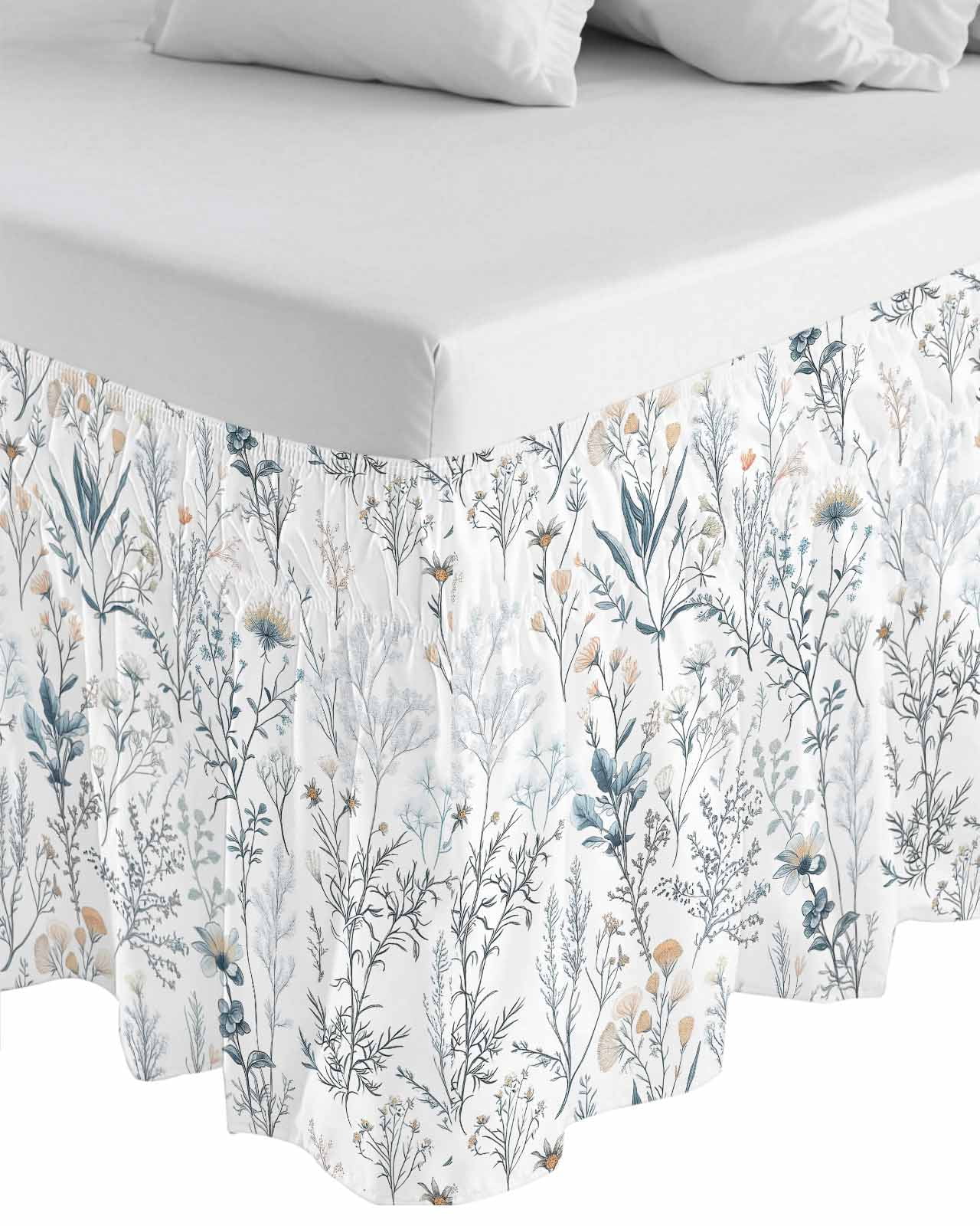 Spring Floral Wrap Around Bed Skirts for King Bed 18" Drop, Bed Skirt with Adjustable Elastic Belt Dust Ruffle Bed Valance for Bedroom Hotel Luxury Vintage Botanical Watercolor Bed Frame Cover