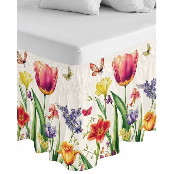 Spring Floral Wrap Around Bed Skirts for Queen Bed 16" Drop,Bed Skirt with Adjustable Elastic Belt Dust Ruffle Bed Valance for Bedroom Hotel Rustic Tulip Butterfly Botanical Summer Bed Frame Cover