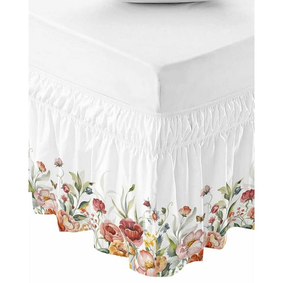 Spring Floral Wrap Around Bed Skirts for Queen Bed 18" Drop,Bed Skirt with Adjustable Elastic Belt Dust Ruffle Bed Valance for Bedroom Hotel Summer Botanical Watercolor Blooming Bed Frame Cover