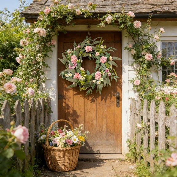Spring Floral Wreath, Artificial Pink & White Rose Wreath with Eucalyptus for Front Door, Farmhouse Porch & Wedding Decor