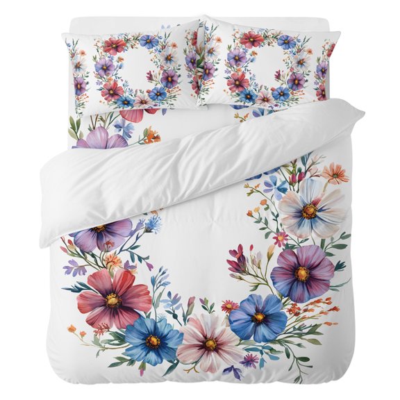 Spring Floral Wreath Comforter Set Full Size, Country Watercolor Purple Blue Floral Bud Leaf Soft Bedding Set for Man Woman, 4 Pieces Duvet Cover Set with Fitted Sheet, 2 Pillowcases