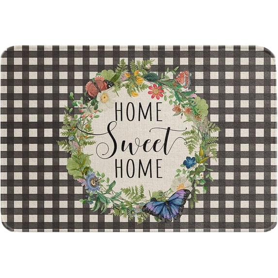 Spring Floral Wreath Indoor Doormat Absorbent Floor Mats, Black Plaid Summer Flower Botanical Doormat Non-Slip Entrance Front Door Rug Kitchen Bathroom Entryway Rugs 16x24 Inch