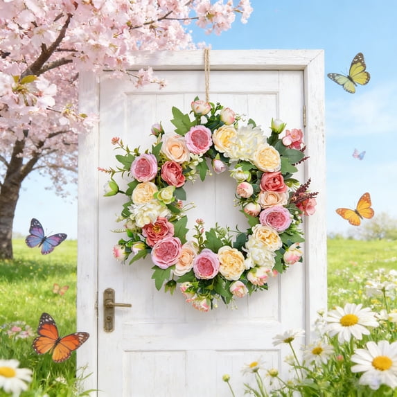 Spring Floral Wreath with Pink & Cream Roses, Artificial Flower Door Wreath for Front Door, Wall, Mantel & Year-Round Home Decor