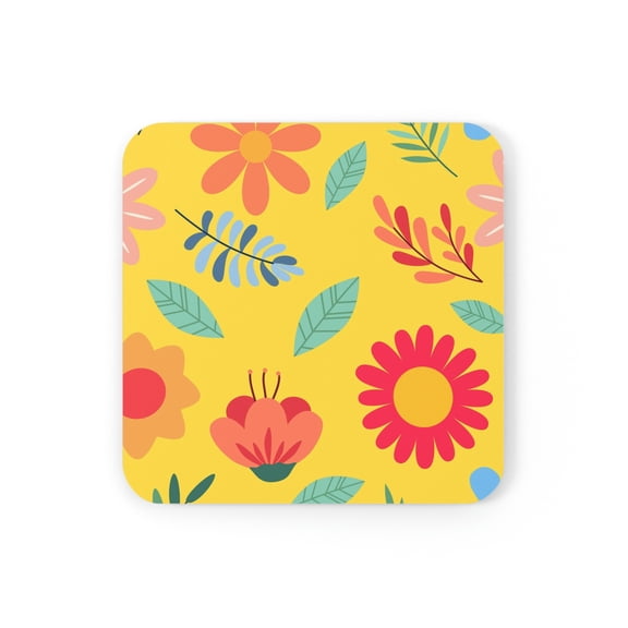 Spring Floral Yellow 4-Piece Corkwood Coaster Set