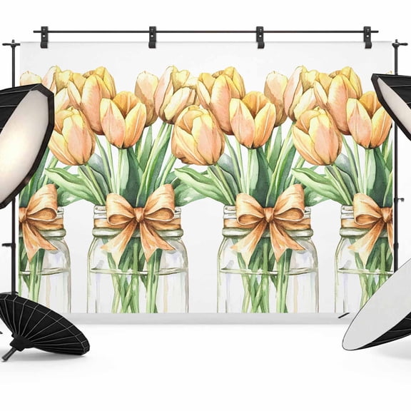 Spring Floral Yellow Backdrop for Photoshoot,Photography Photo Studio Background Wall Backdrop,Botanical Tulips Flower in Vase Back Drop Banner Panel for Portraits Wedding Party Live Streaming 12x8Ft