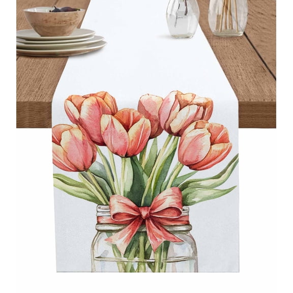 Spring Floral Yellow Burlap Cotton Table Runner 13x36 Inches Short, Botanical Tulips Flower in Vase Farmhouse Table Runners, Outdoor Dining Tablecloths Decor for Baby Shower/Party/Wedding