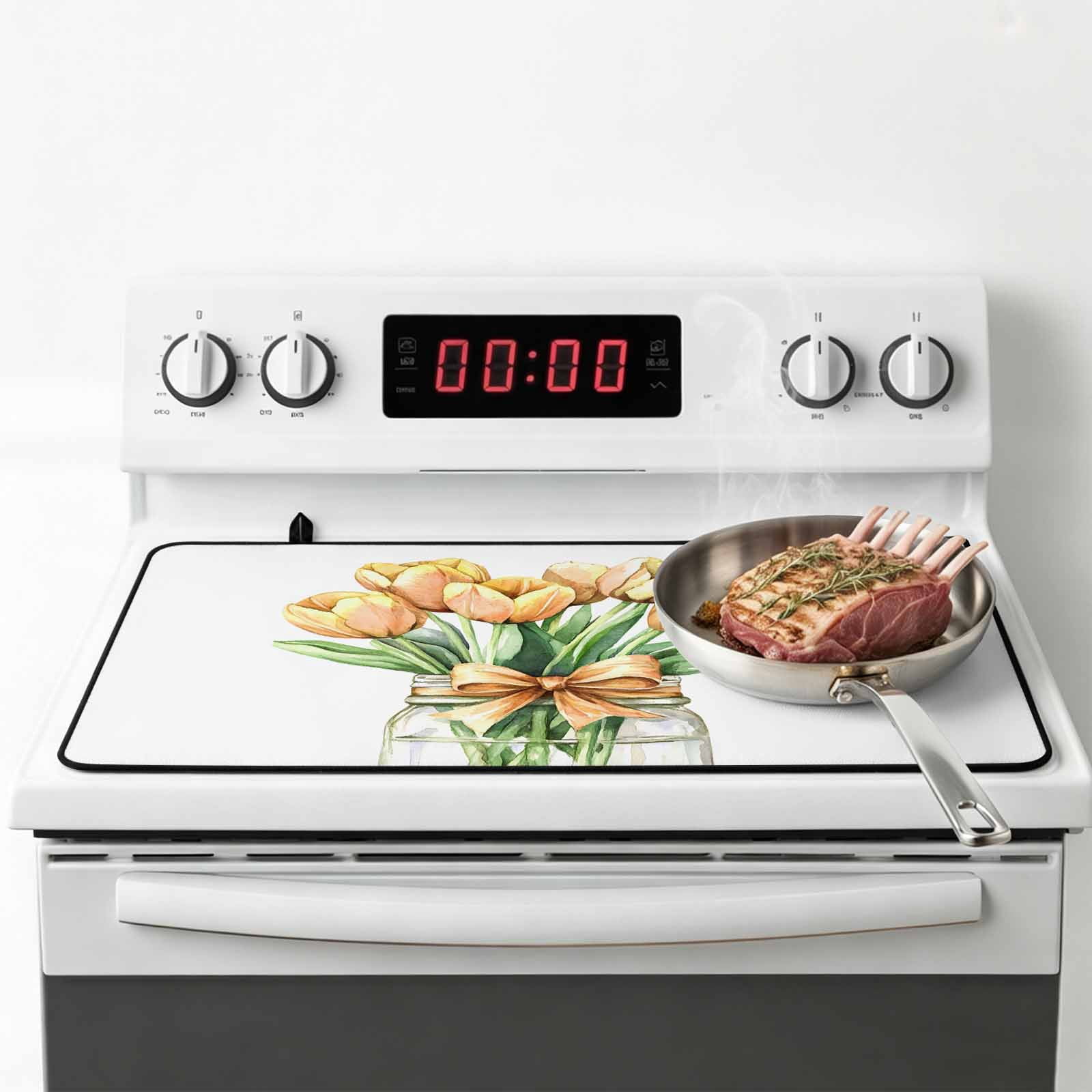 Spring Floral Yellow Stove Top Cover for Electric Stove, Heat-proof & Non Slip Glass Top Stove Cover Protector, Botanical Tulips Flower in Vase Kitchen Flat Cooktop Rubber Mat 24x21 Inches