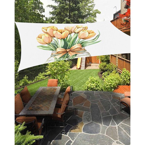Spring Floral Yellow Sun Sail Shades Rectangle Canopy,Sunlight Block Heavy Duty Curved Backyard Shade Cover,Botanical Tulips Flower in Vase Waterproof Sun Shades for Patios Garden Pergola 6.5'x10'