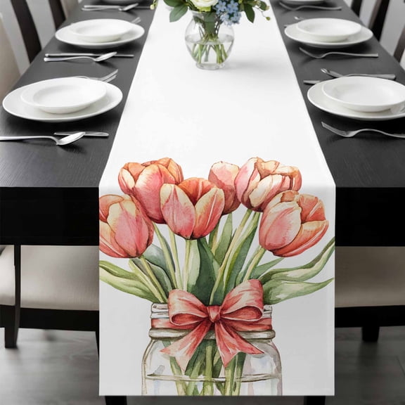 Spring Floral Yellow Table Runner 36 Inches Long, Botanical Tulips Flower in Vase Kitchen Coffee Dining Table Decoration for Home Party Birthday Wedding Home Decor 13x36 Inches