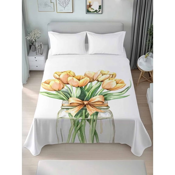 Spring Floral Yellow Twim Size Flat Sheet, Wrinkleproof & Fadeproof Cooling Flat Bed Sheet Only, Botanical Tulips Flower in Vase Breathable Soft Bedding Top Sheets 66 x 96 Inches