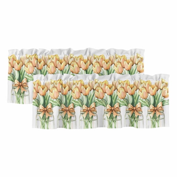 Spring Floral Yellow Valances for Windows, Decorative Rod Pocket Window Valance Curtains, Botanical Tulips Flower in Vase Curtain Drapes for Kitchen/Bathroom/Living Room, 2 Panels, 42" W x 12" L