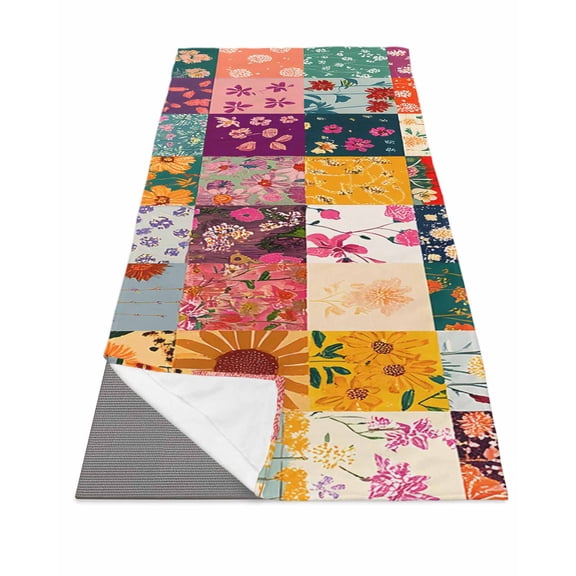 Spring Floral Yoga Towel for Hot Yoga Non Slip, Vintage Plaid Summer Botanical Colorful Yoga Mat Towel Absorbent Yoga Sweat Towels Microfiber Hot Yoga Blanket for Bikram Pilates 26"x70"